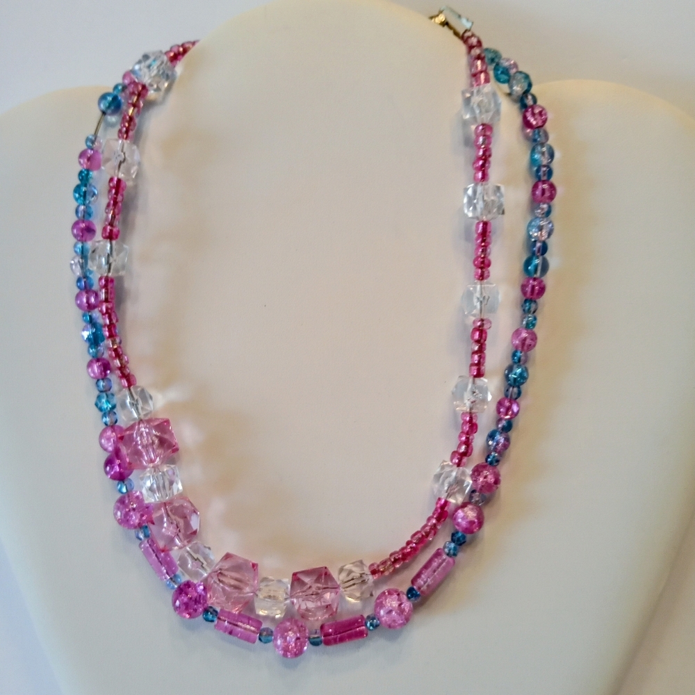 2 Stunning VTG Glass Bead 16"Chokers Purples/Pinks/Blues/Clear Silvr Slide Clasp